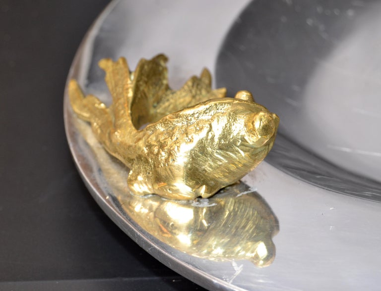 Oval Serving Tray Platter Bronze Fish Handles and Chrome Finish Art