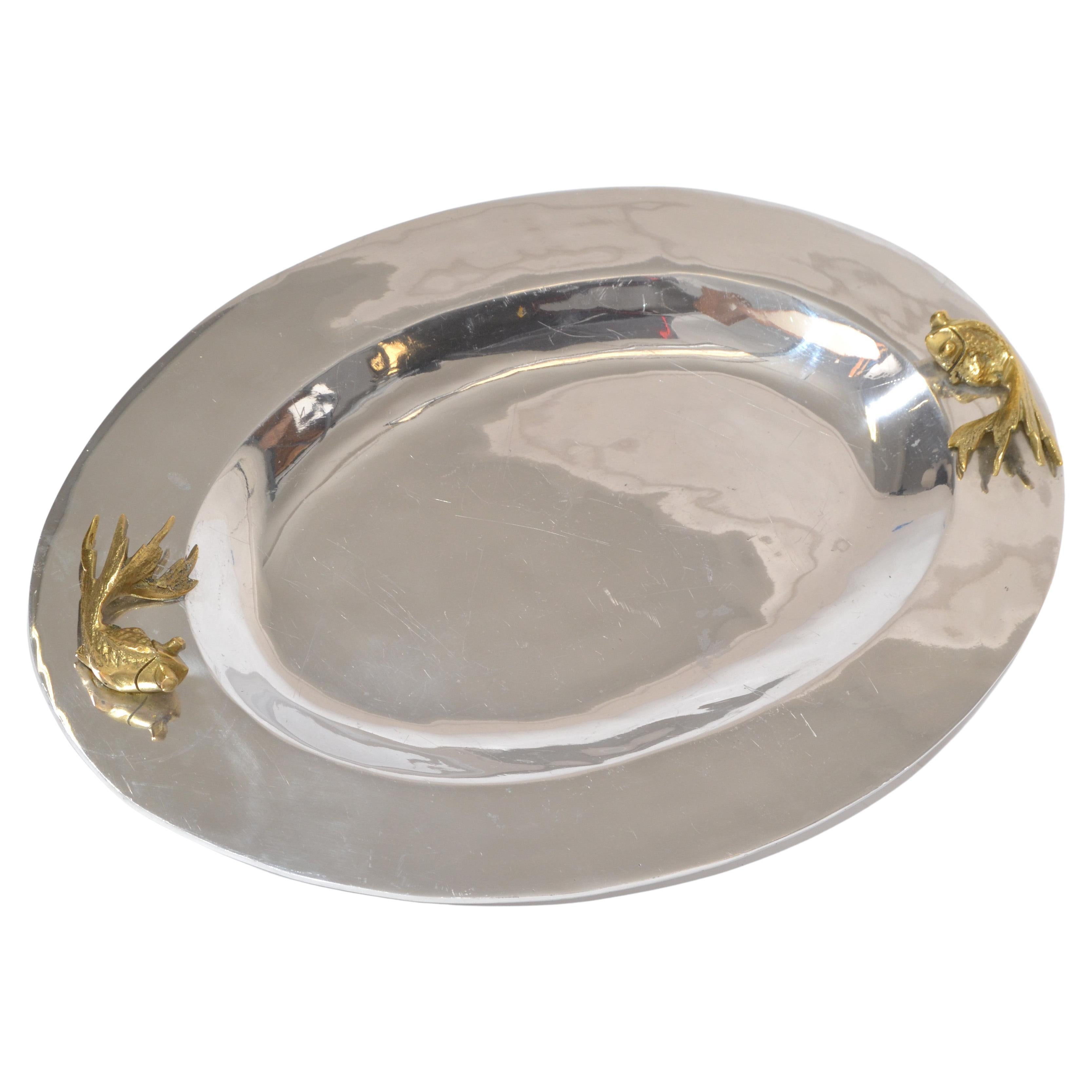 Ovales Serviertablett aus Bronze mit Fischgriffen und Chromoberfläche im Art-déco-Stil