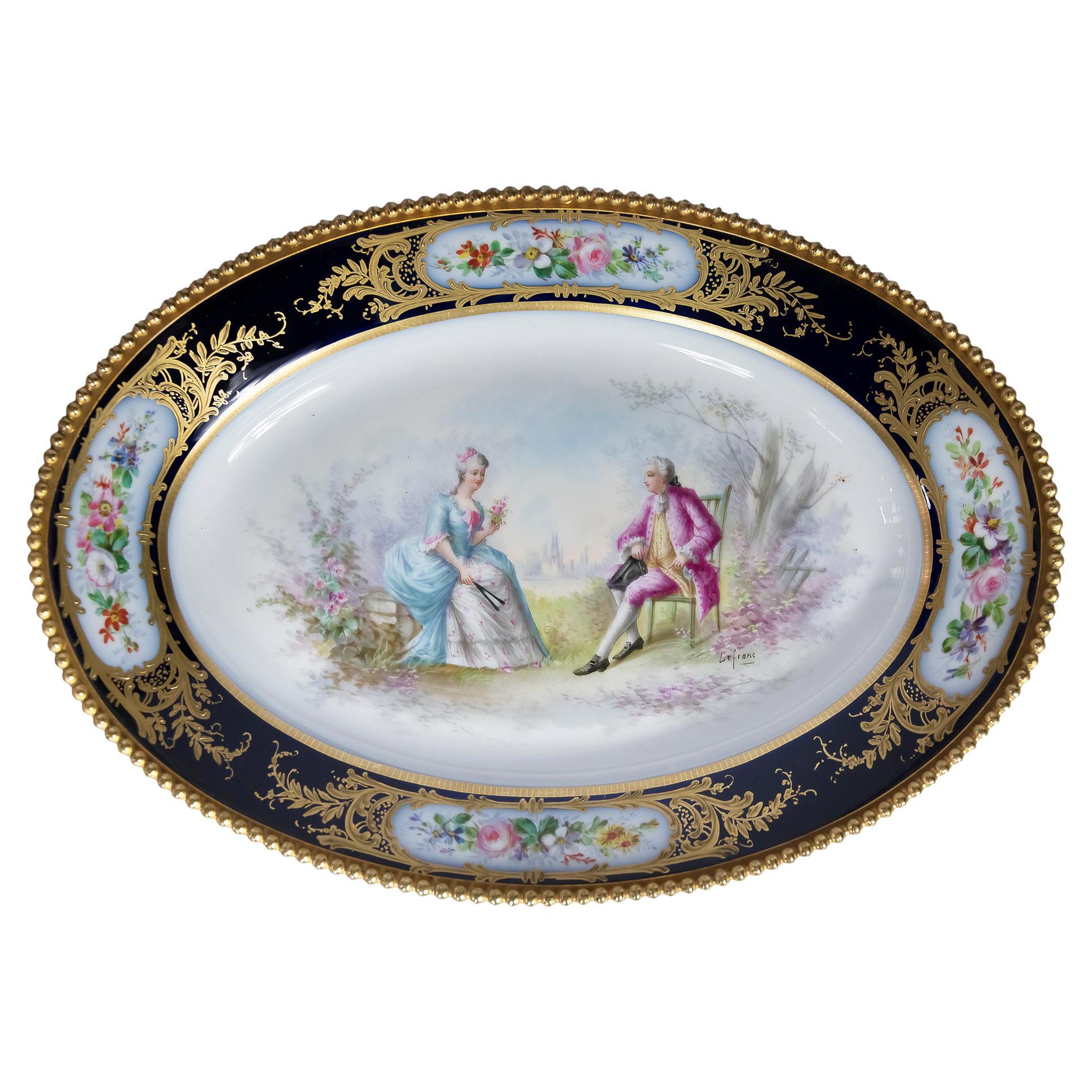 Oval Sevres Porcelain Plate with Gilt Bronze Trim