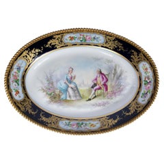 Antique Oval Sevres Porcelain Plate with Gilt Bronze Trim