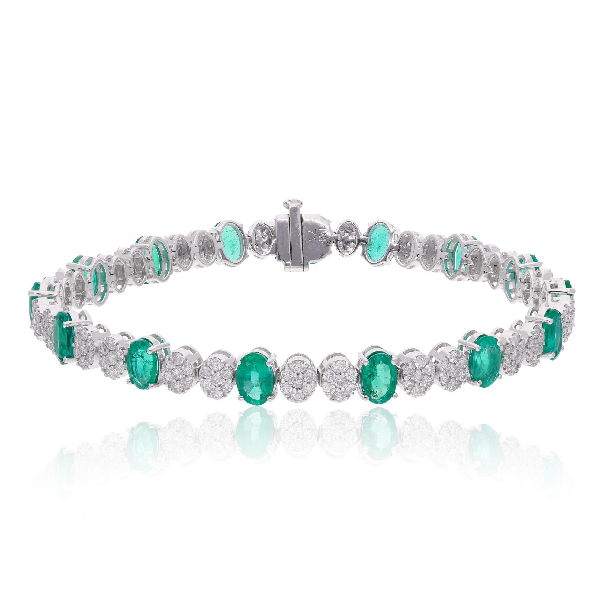 Forma Ovalada 8.18TCW Esmeralda Zambiana Diamante Pulsera Tenis Para Mujer Oro 14k Moderno en venta