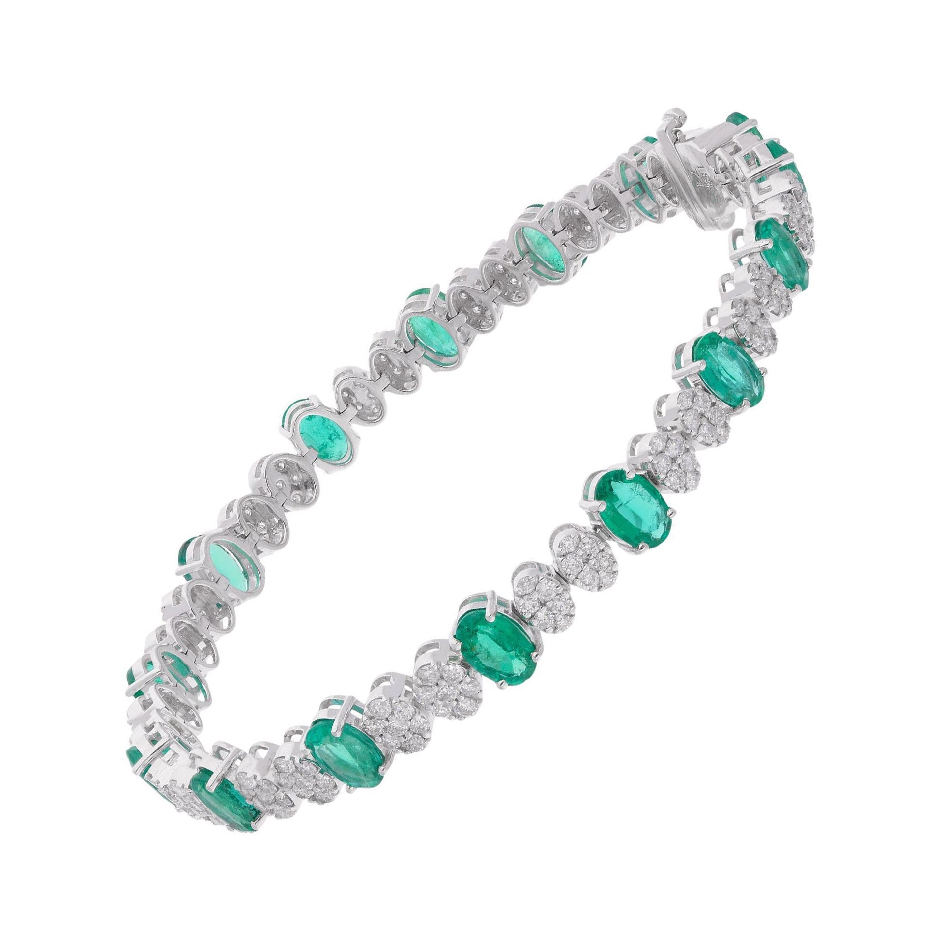 Forma Ovalada 8.18TCW Esmeralda Zambiana Diamante Pulsera Tenis Para Mujer Oro 14k