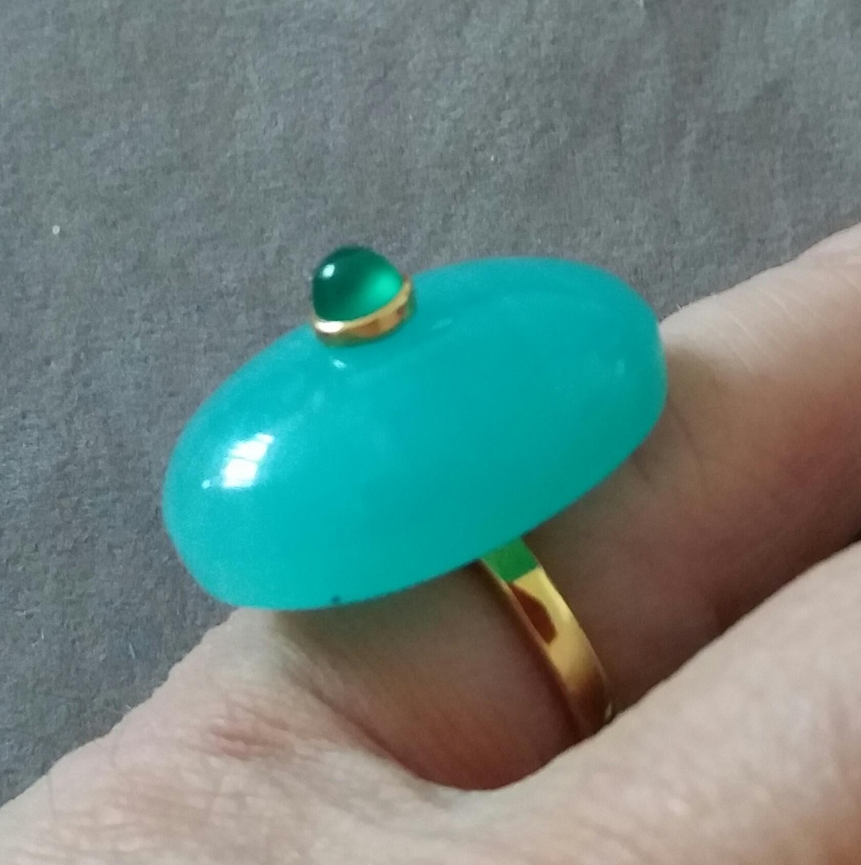 Oval Shape Amazonite Cab Emerald Round Cabochon 14 Kt Yellow Gold Cocktail Ring For Sale 4