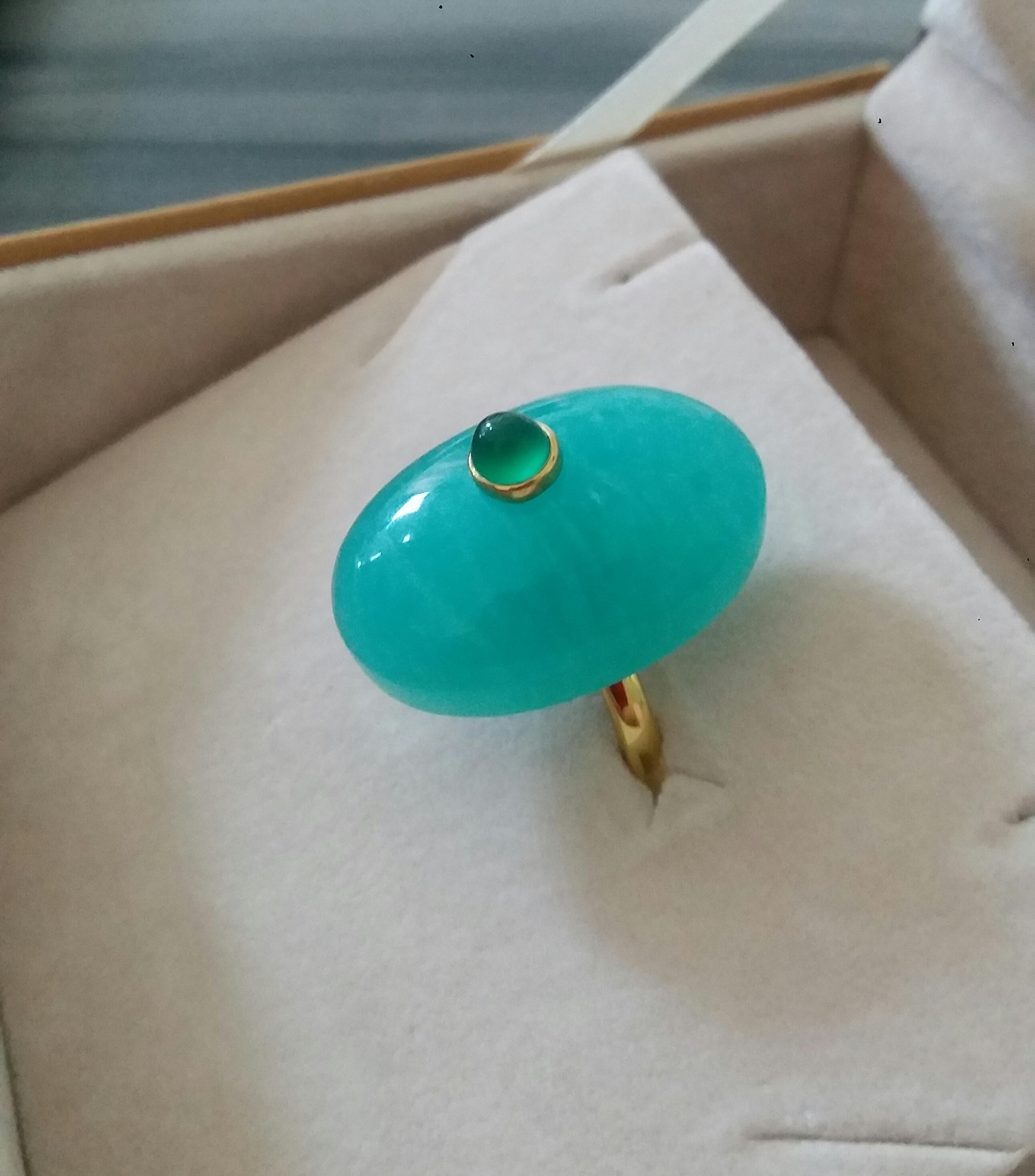 Oval Shape Amazonite Cab Emerald Round Cabochon 14 Kt Yellow Gold Cocktail Ring For Sale 9