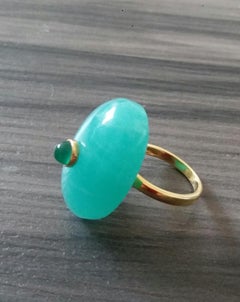 Oval Shape Amazonite Cab Emerald Round Cabochon 14 Kt Yellow Gold Cocktail Ring