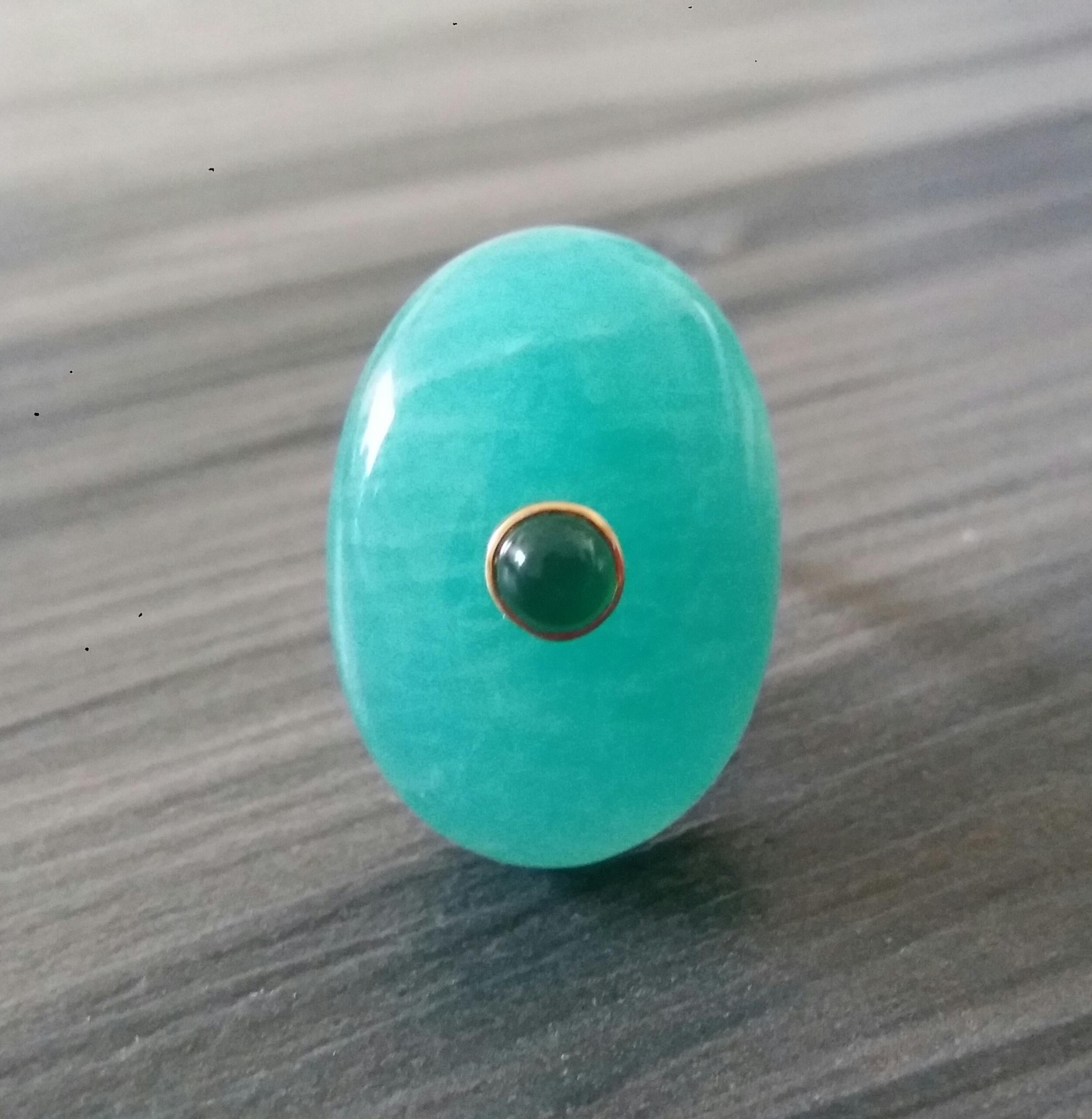 Mixed Cut Oval Shape Amazonite Cab Emerald Round Cabochon 14 Kt Yellow Gold Cocktail Ring For Sale