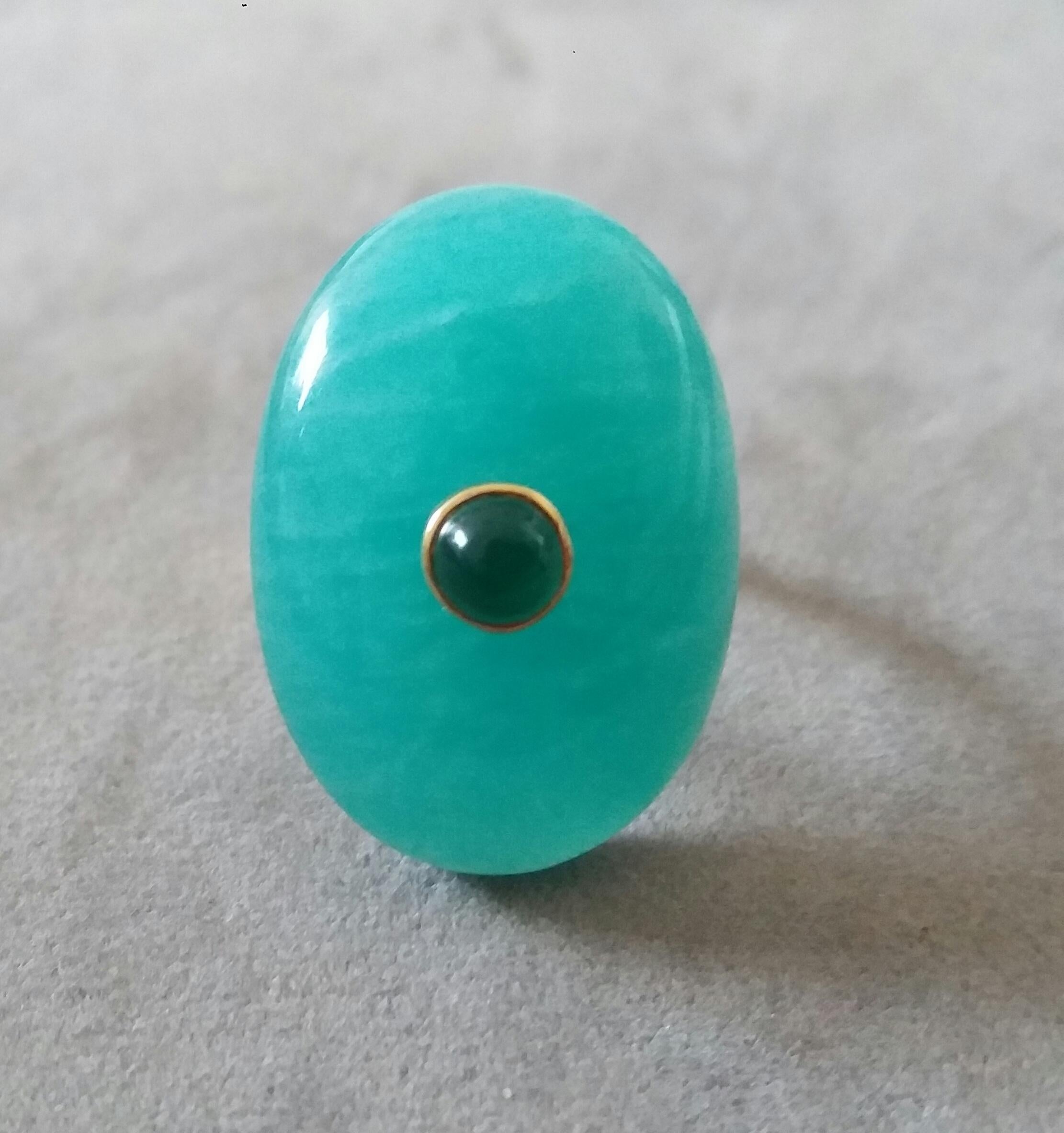 Oval Shape Amazonite Cab Emerald Round Cabochon 14 Kt Yellow Gold Cocktail Ring In Good Condition For Sale In Bangkok, TH