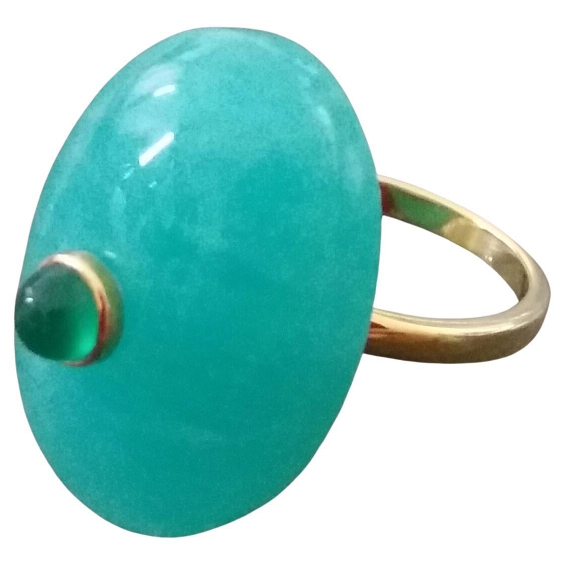 Oval Shape Amazonite Cab Emerald Round Cabochon 14 Kt Yellow Gold Cocktail Ring