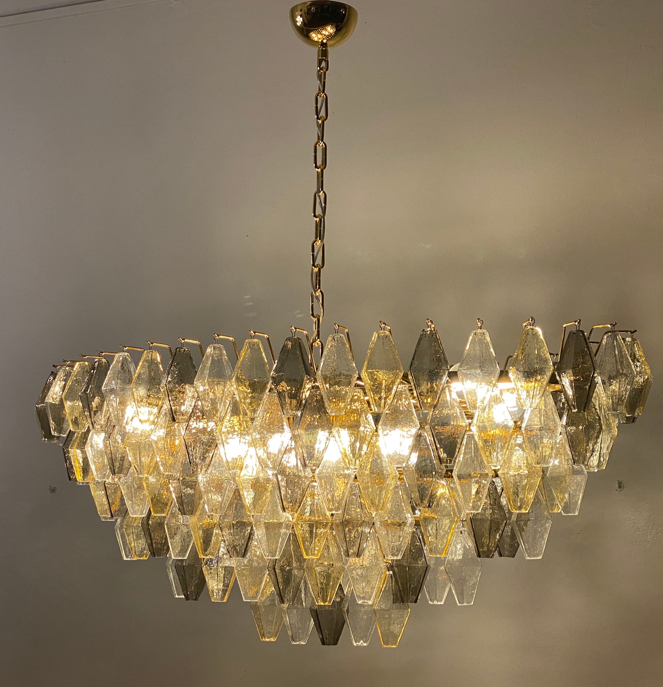 Mid-Century Modern Oval Shape Amber and Grey Poliedri Murano Glass Chandelier or Ceiling Light For Sale