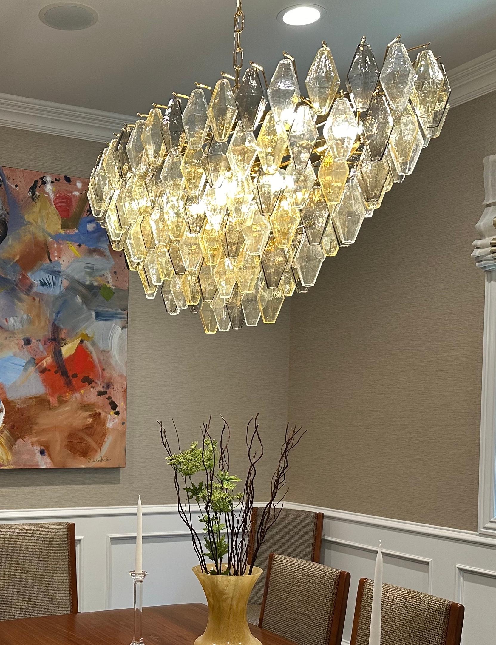 Italian Oval Shape Amber and Grey Poliedri Murano Glass Chandelier or Ceiling Light For Sale