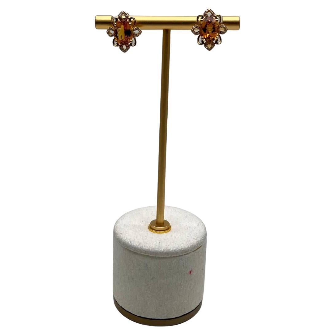 Ohrstecker in ovaler Form von Bernstein, Orange, Citrin, 14K Gelbgold, Diamant