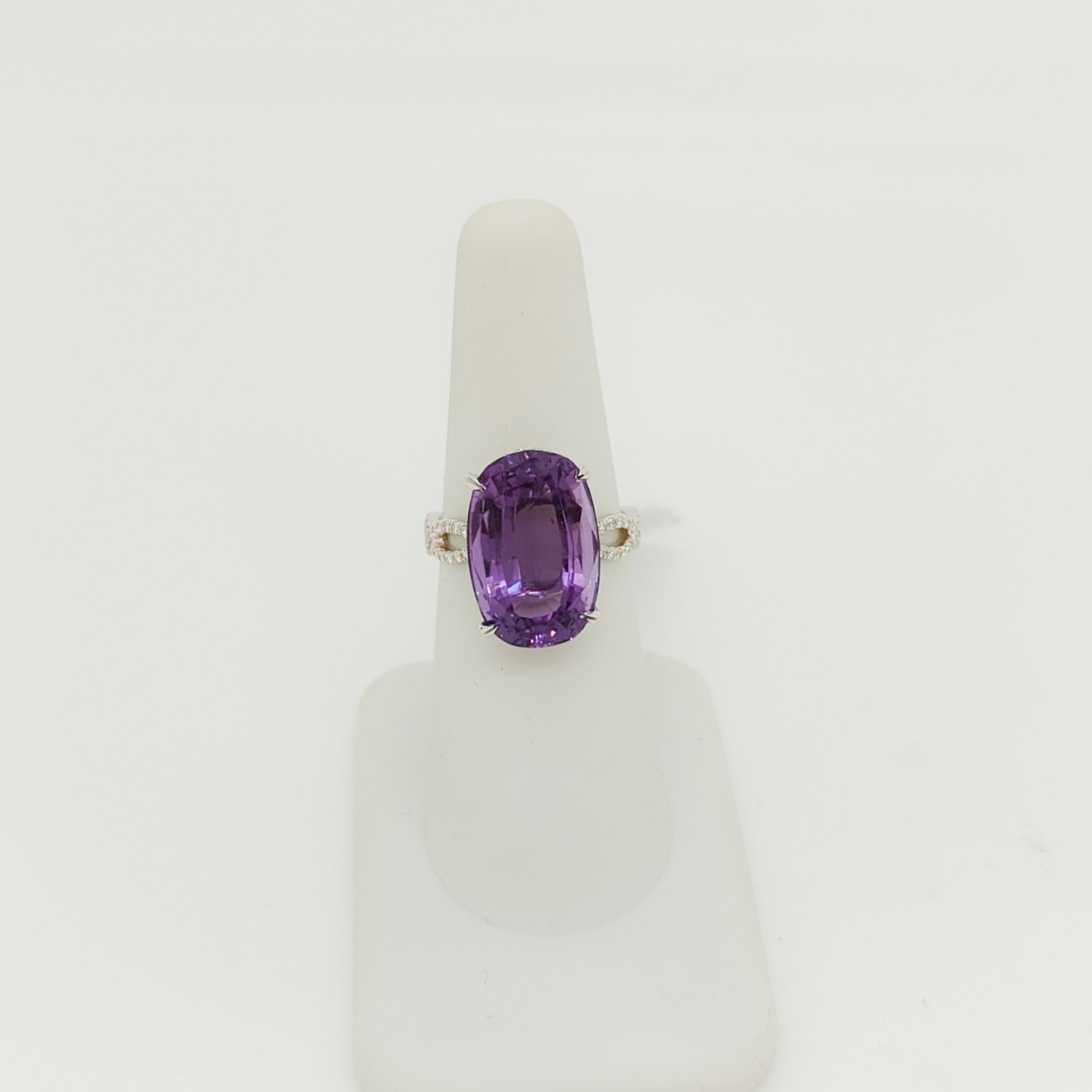 Oval Cut Oval Shape Amethyst & Round Diamond Ring in 18K White Gold For Sale