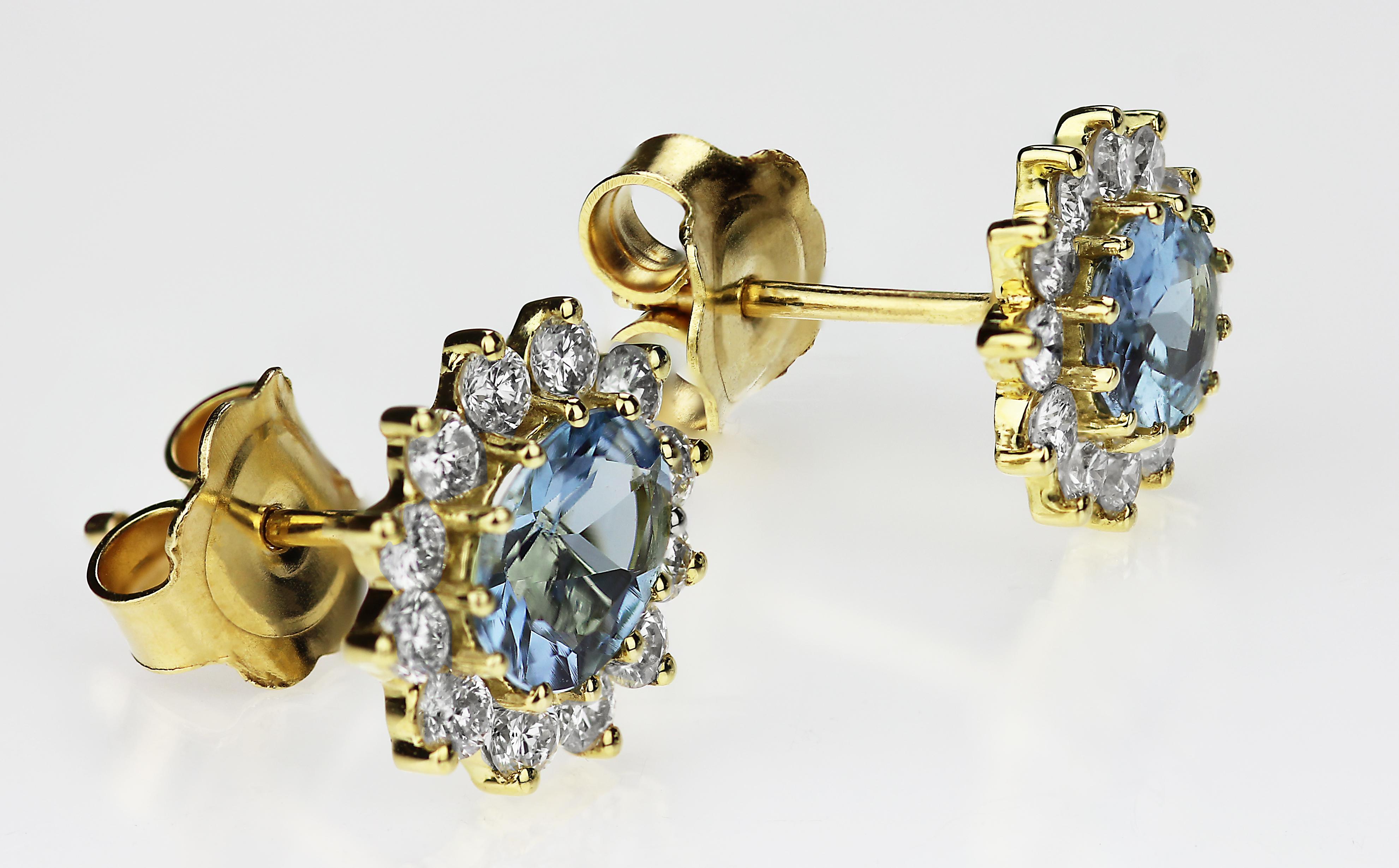 Modern Oval Shape Aquamarine with Diamonds Cluster Earrings in 18 Carat Yellow Gold