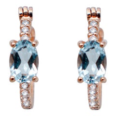 Oval Shape Aquamarines, White Diamonds, 18 Karat Rose Gold Hoop Earrings