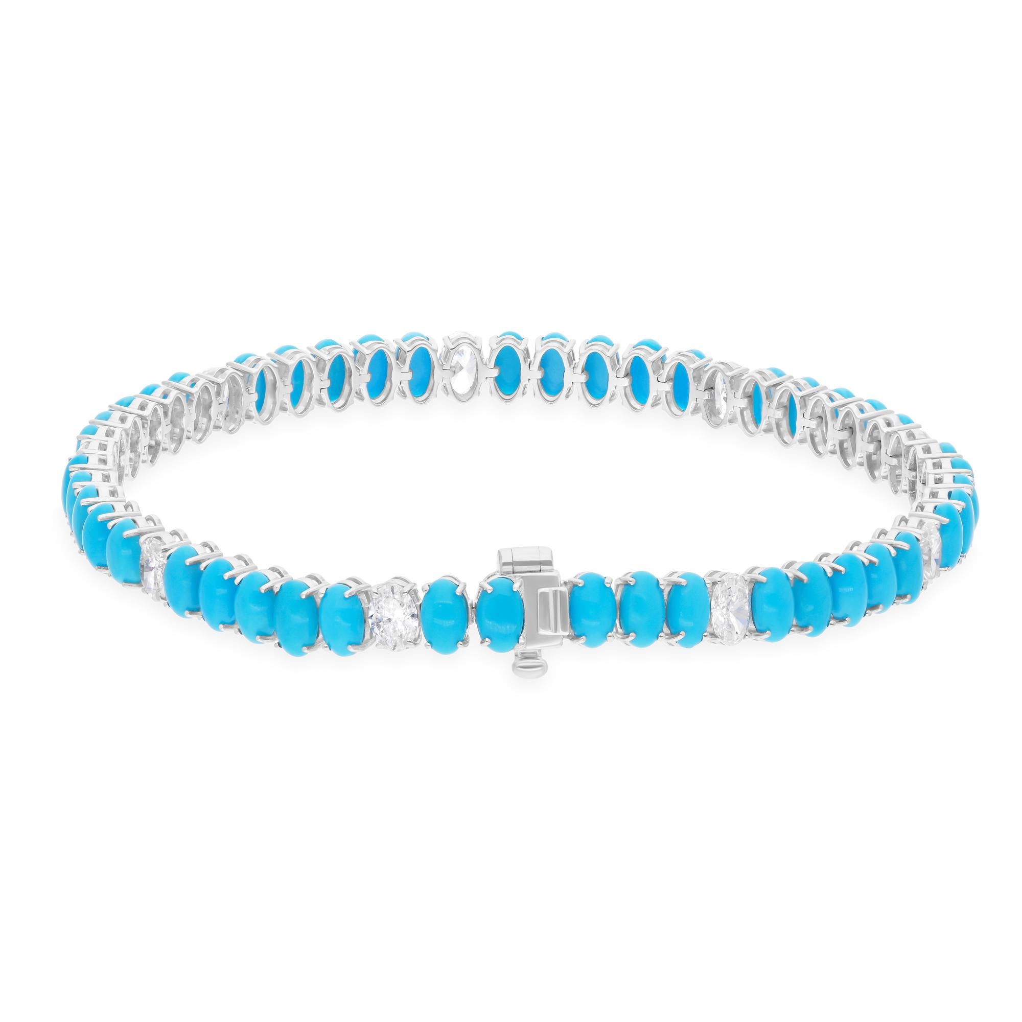 Modern Oval Shape Arizona Turquoise Bracelet SI/H Diamond 14 Karat White Gold Jewelry