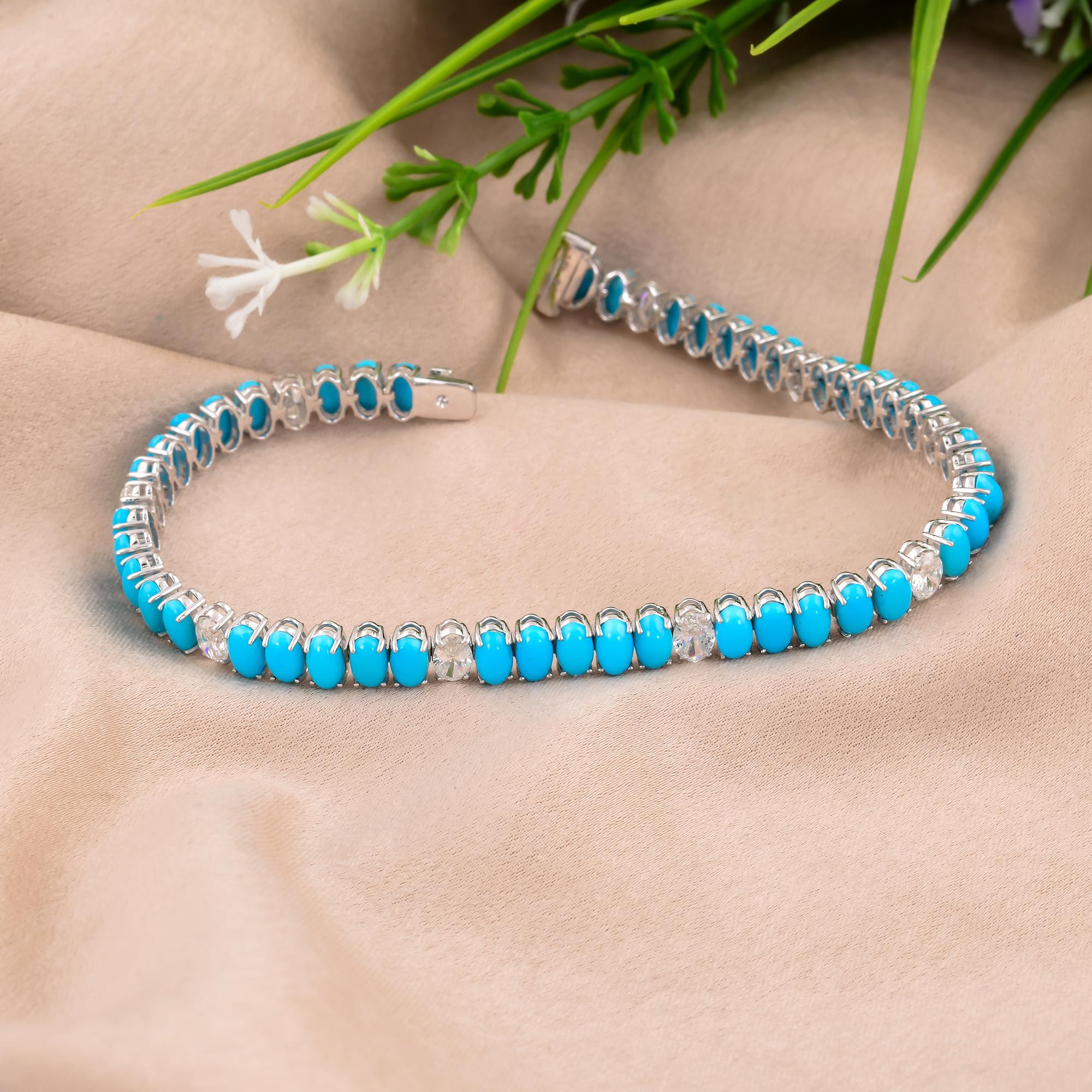 Oval Cut Oval Shape Arizona Turquoise Bracelet SI/H Diamond 14 Karat White Gold Jewelry
