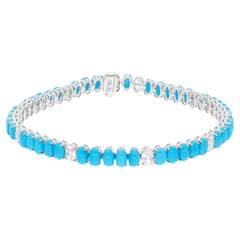 Oval Shape Arizona Turquoise Bracelet SI/H Diamond 14 Karat White Gold Jewelry