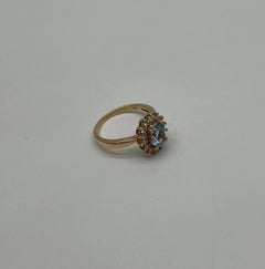 Oval Shape Blue Aquamarine Floral Flower 14K Yellow Gold Diamond Halo Ring
