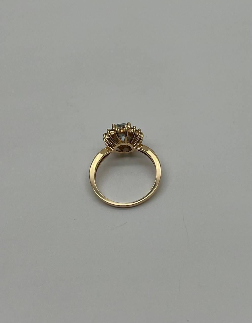 Oval Shape Blue Aquamarine Floral Flower 14K Yellow Gold Diamond Halo Ring In New Condition For Sale In Oakton, VA
