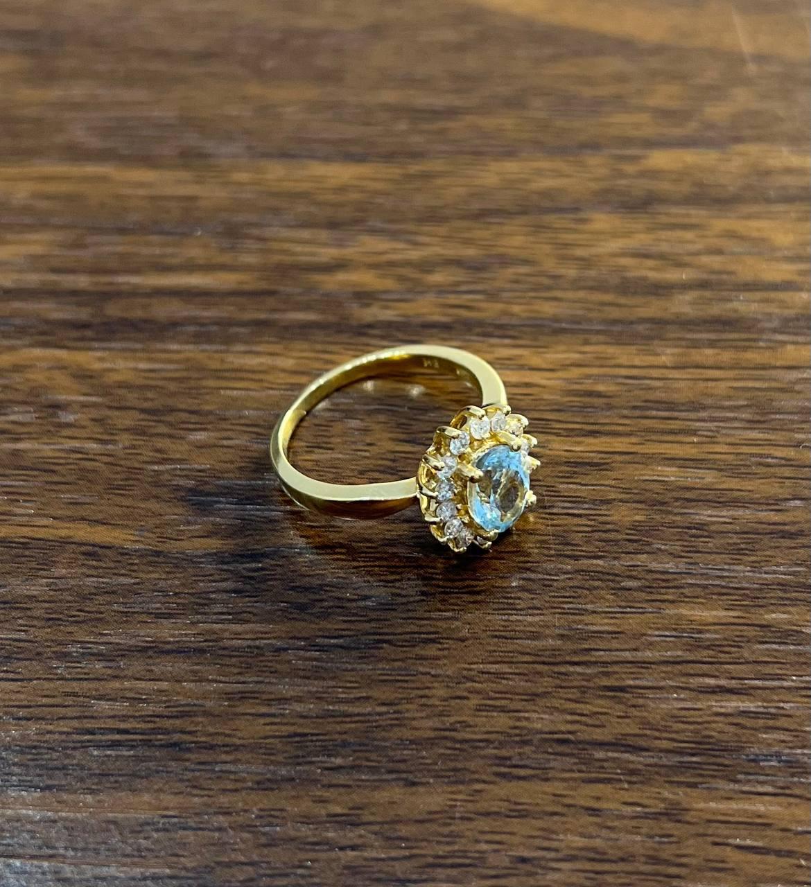 Oval Shape Blue Aquamarine Floral Flower 14K Yellow Gold Diamond Halo Ring For Sale 1