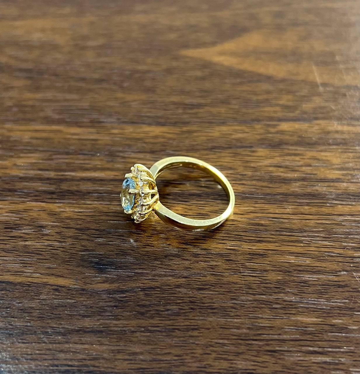Oval Shape Blue Aquamarine Floral Flower 14K Yellow Gold Diamond Halo Ring For Sale 2