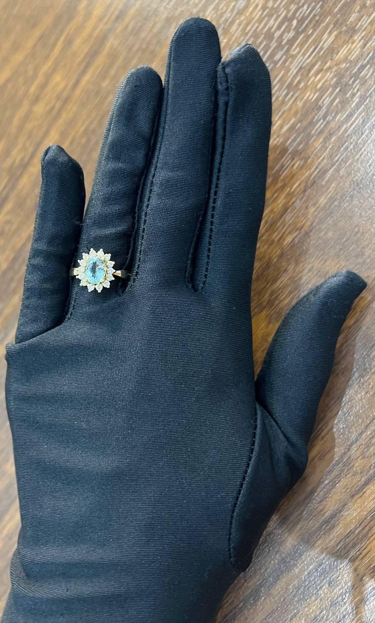Oval Shape Blue Aquamarine Floral Flower 14K Yellow Gold Diamond Halo Ring For Sale 4