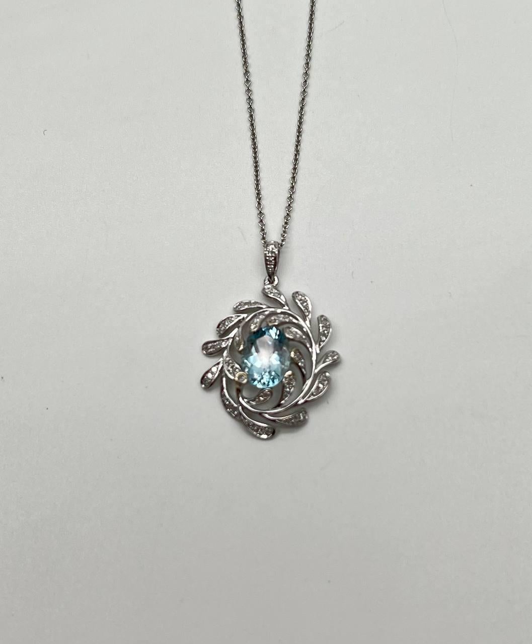 Mixed Cut Oval Shape Blue Aquamarine Leaf Leaves 14K White Gold Diamond Pendant Necklace For Sale