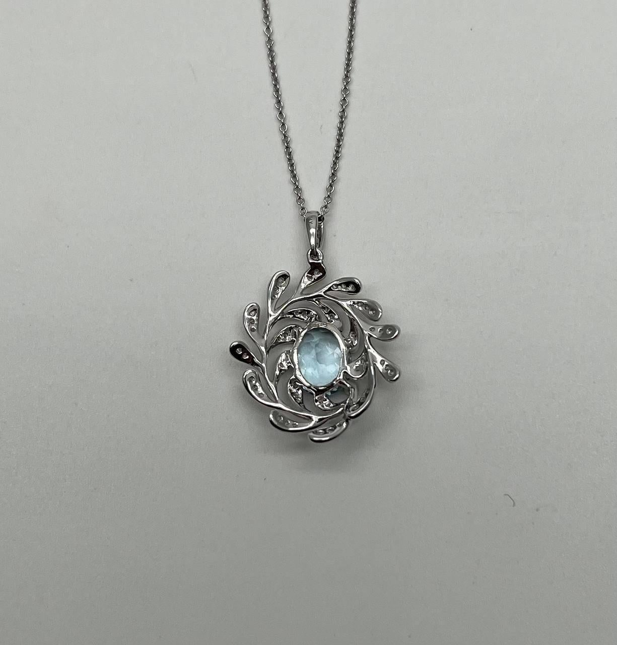 Women's Oval Shape Blue Aquamarine Leaf Leaves 14K White Gold Diamond Pendant Necklace For Sale