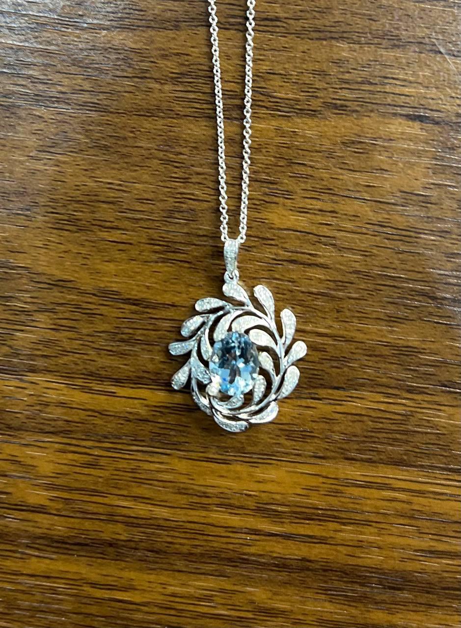 Oval Shape Blue Aquamarine Leaf Leaves 14K White Gold Diamond Pendant Necklace For Sale 1