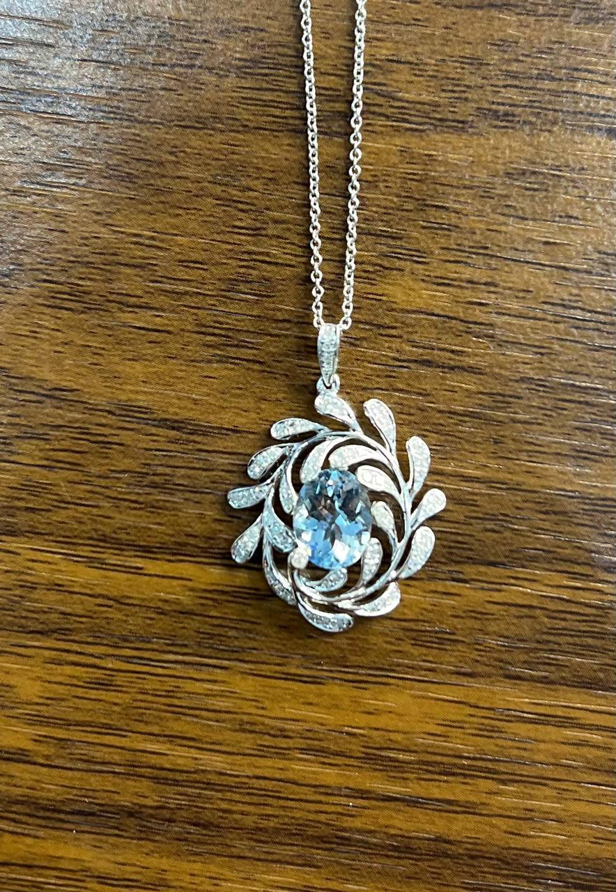 Oval Shape Blue Aquamarine Leaf Leaves 14K White Gold Diamond Pendant Necklace For Sale 2