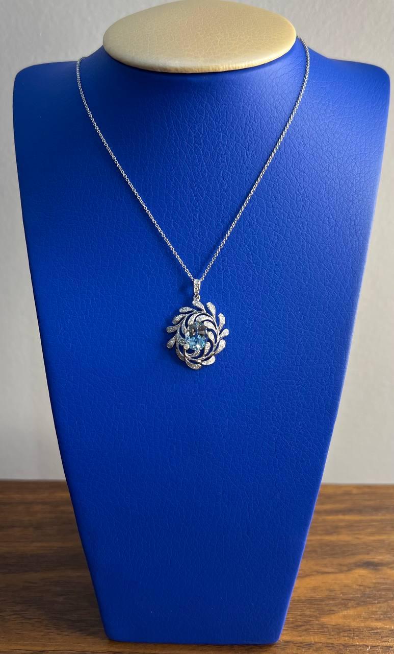 Oval Shape Blue Aquamarine Leaf Leaves 14K White Gold Diamond Pendant Necklace For Sale 4