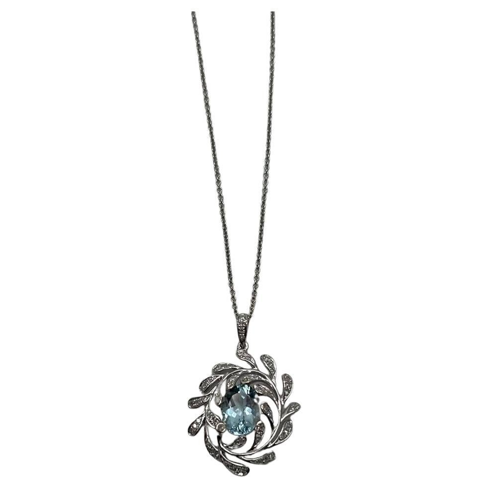 Oval Shape Blue Aquamarine Leaf Leaves 14K White Gold Diamond Pendant Necklace