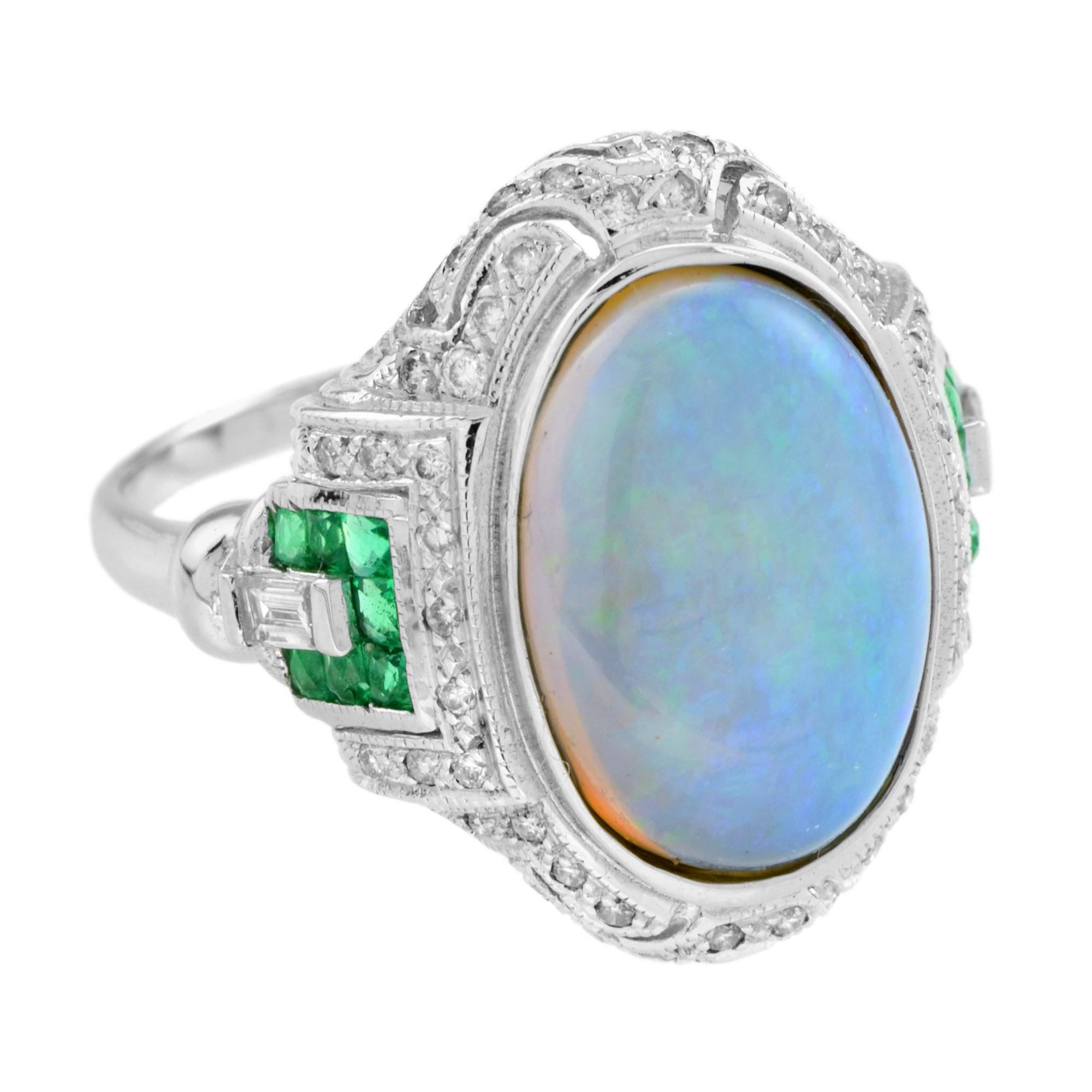 Questo anello opale in stile Art Deco presenta uno splendido opale cabochon di forma ovale di 3,75 con smeraldo e diamante taglio francese su entrambi i lati, incastonati in oro bianco 14k. Questo anello è un look eccezionale.
Informazioni