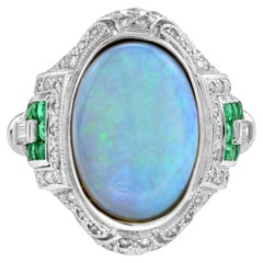 Anello in oro bianco a forma di ovale con opale blu e diamante smeraldo, stile antico, da cocktail