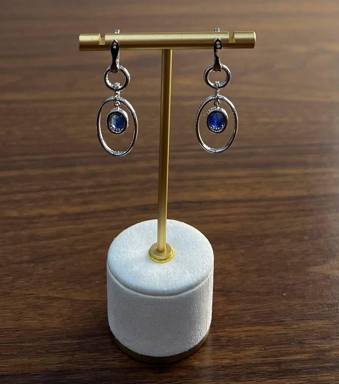 Oval Shape Blue Sapphire 14K White Gold Diamond Halo Drop Statement Earrings For Sale 4