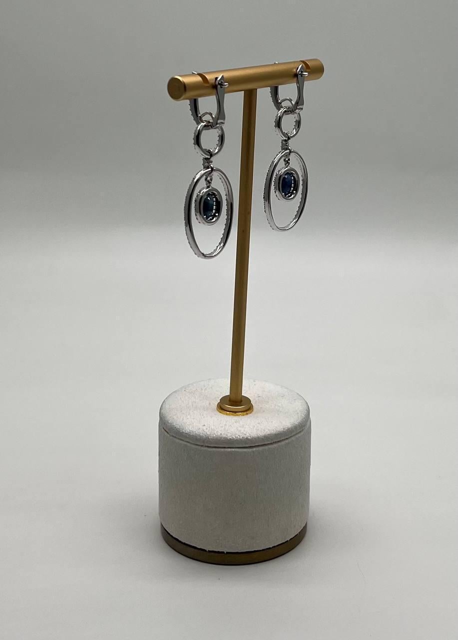 Oval Cut Oval Shape Blue Sapphire 14K White Gold Diamond Halo Drop Statement Earrings For Sale