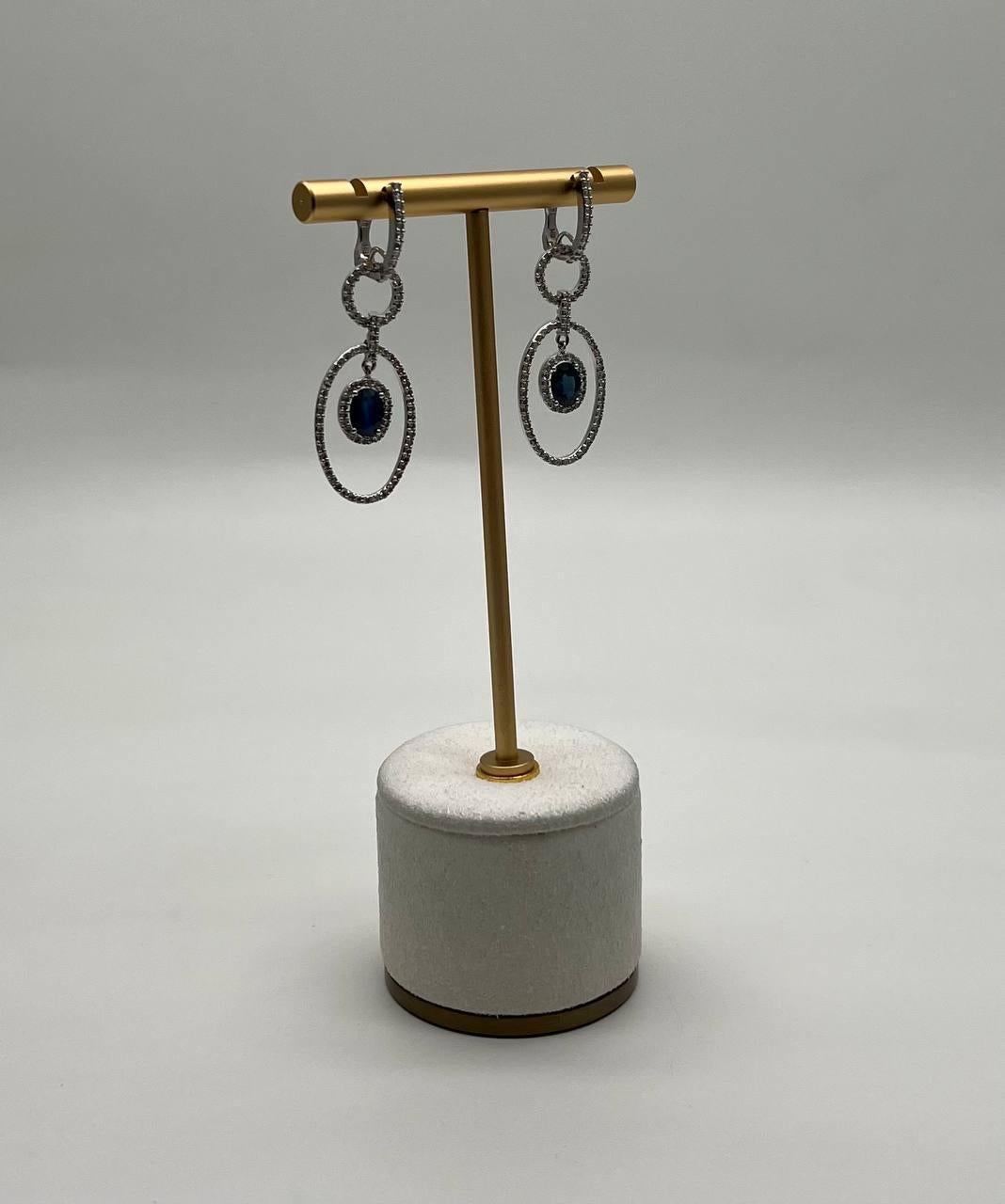 Oval Shape Blue Sapphire 14K White Gold Diamond Halo Drop Statement Earrings In New Condition For Sale In Oakton, VA