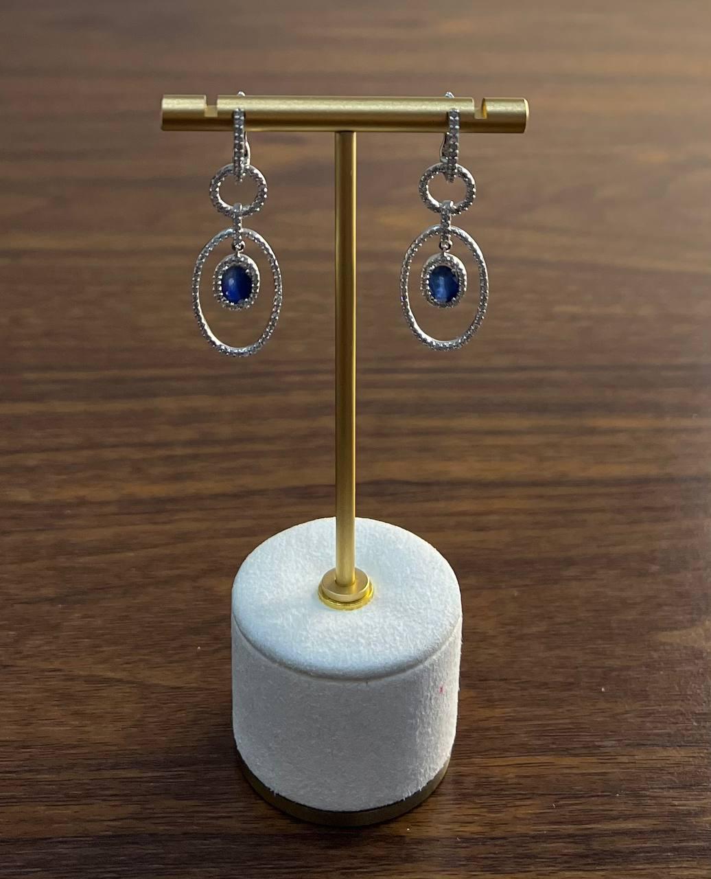 Women's Oval Shape Blue Sapphire 14K White Gold Diamond Halo Drop Statement Earrings For Sale
