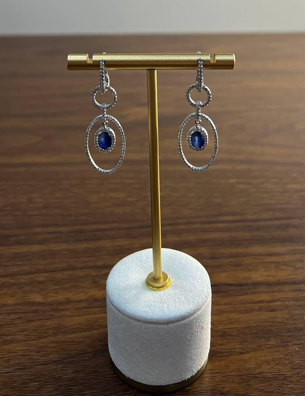Oval Shape Blue Sapphire 14K White Gold Diamond Halo Drop Statement Earrings For Sale 1