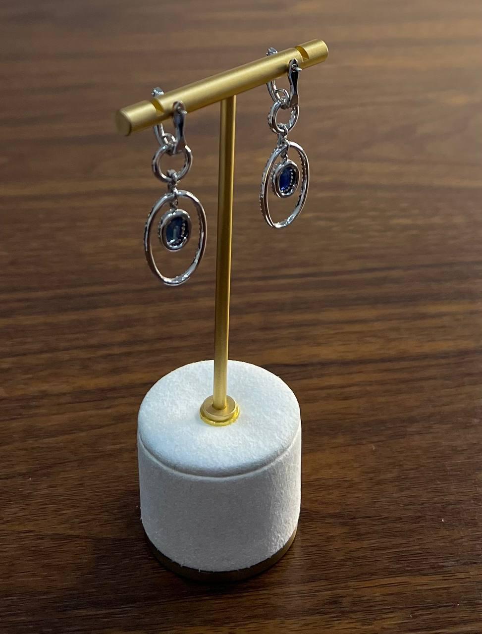 Oval Shape Blue Sapphire 14K White Gold Diamond Halo Drop Statement Earrings For Sale 2