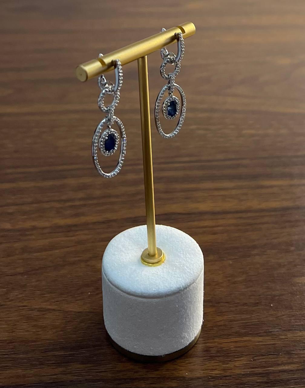 Oval Shape Blue Sapphire 14K White Gold Diamond Halo Drop Statement Earrings For Sale 3