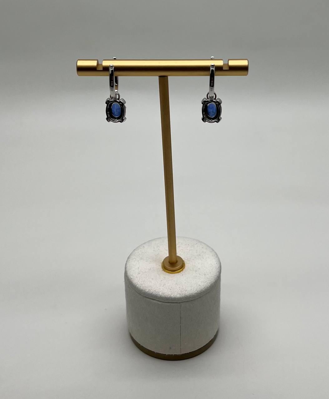 These sophisticated earrings are crafted with classic style in mind. Each earring features a striking blue sapphire, set within a detailed, white gold frame.
The gemstones are oval-shaped, with a deep, captivating hue that catches the light