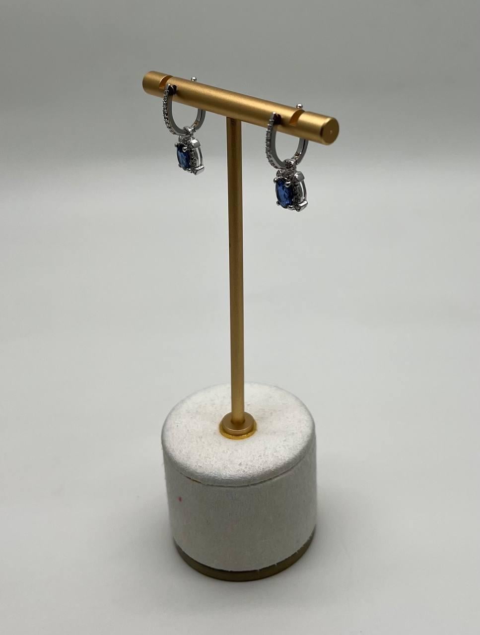 Oval Shape Blue Sapphire 14K White Gold Diamond Halo Huggie Statement Earrings In New Condition For Sale In Oakton, VA