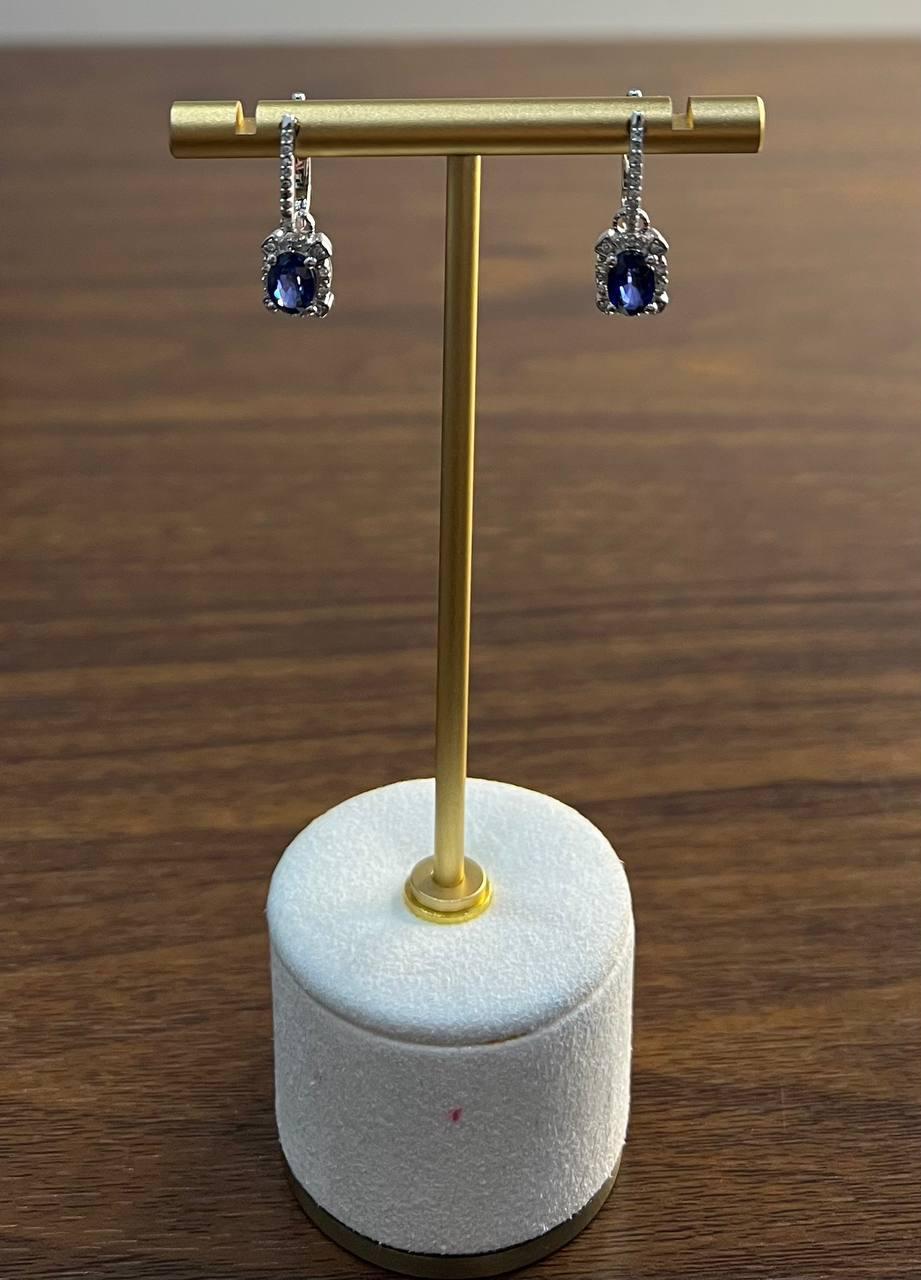 Women's Oval Shape Blue Sapphire 14K White Gold Diamond Halo Huggie Statement Earrings For Sale