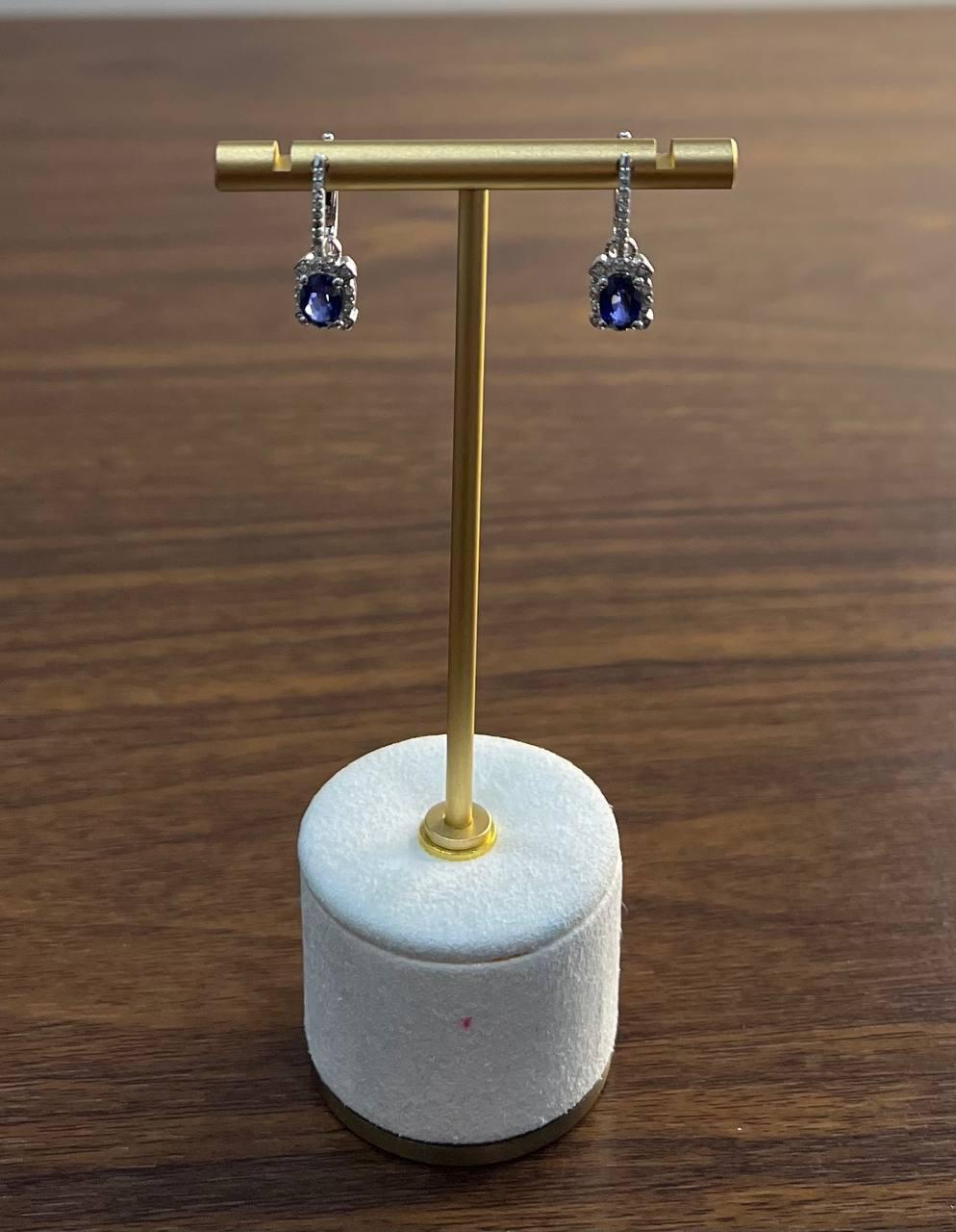 Oval Shape Blue Sapphire 14K White Gold Diamond Halo Huggie Statement Earrings For Sale 1
