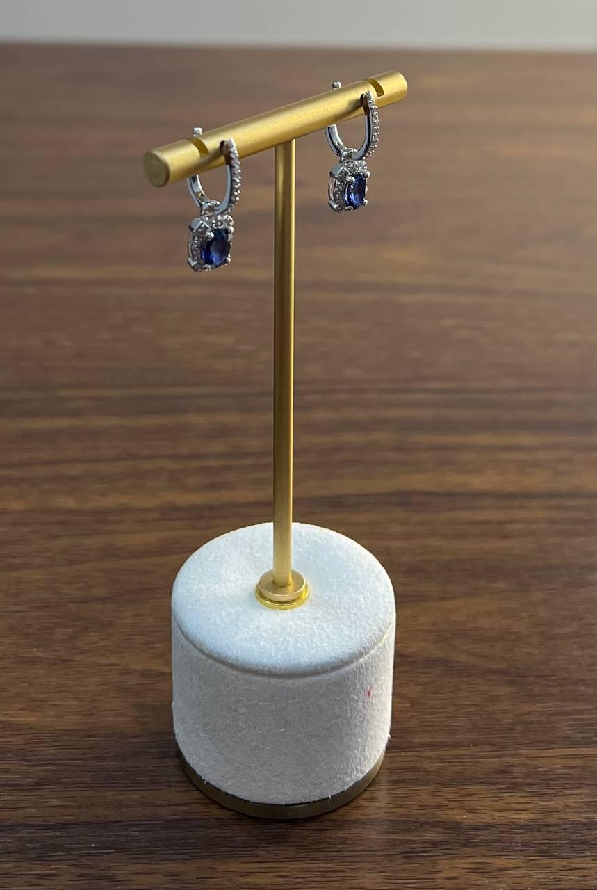 Oval Shape Blue Sapphire 14K White Gold Diamond Halo Huggie Statement Earrings For Sale 3