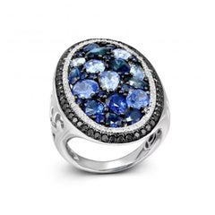 Oval Shape Blue Sapphire Black Diamond 18K Gold Ring for Her