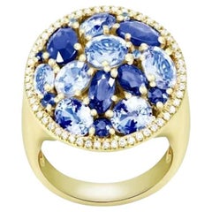 Oval Shape Blue Sapphire Diamond 18K Yellow Gold Ring for Her