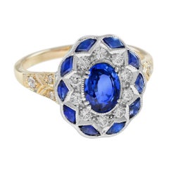 Oval Shape Blue Sapphire & Diamond Antique Style Floral Engagement 14K Gold Ring