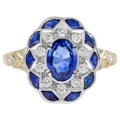 Oval Shape Blue Sapphire & Diamond Antique Style Floral Engagement 14K Gold Ring